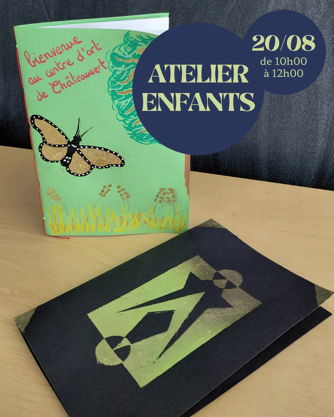 Visuel de l'atelier enfant l'art de l'enluminure montrant deux cartes ornées de motifs dorés.